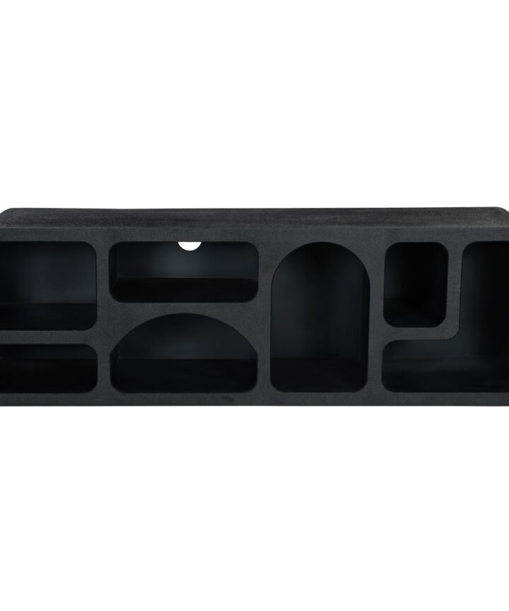 Mia Modern Geometric Large TV Cabinet in charcoal black with multiple geometric compartments, including rounded and rectangular openings, by Red Frog Trading.