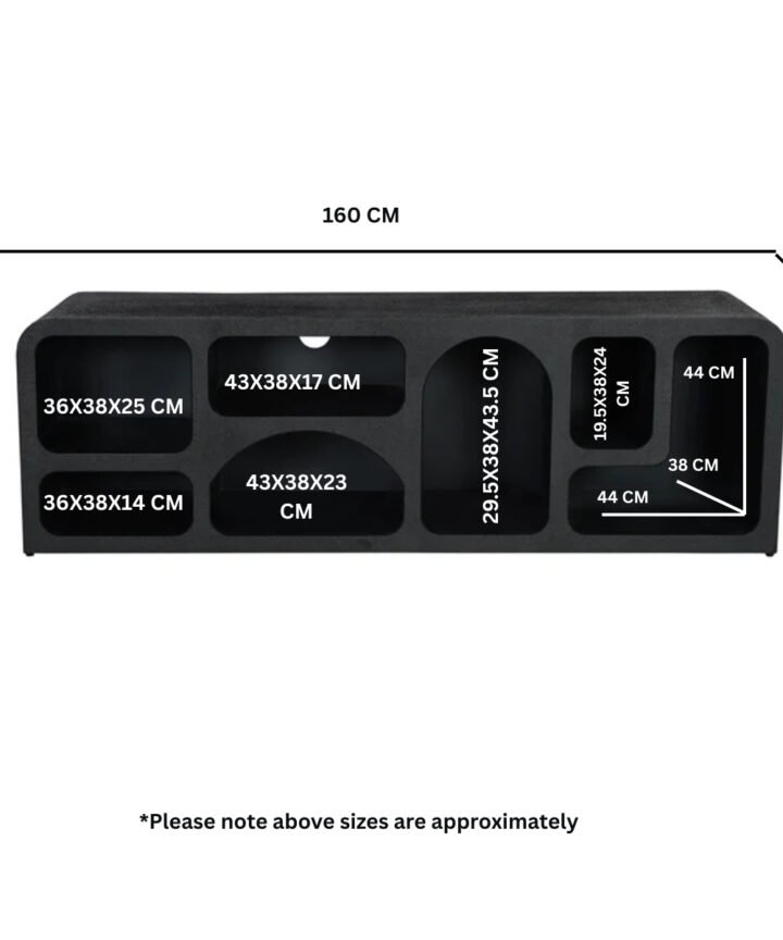 Mia Modern Geometric Large TV Cabinet in black with multiple storage recesses and rounded niches, dimensions hint at wide 160 cm footprint and internal compartments for media storage.