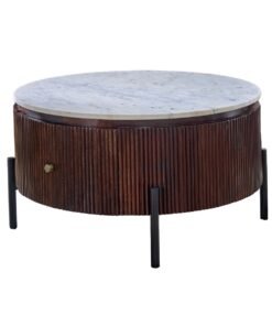 Opal mango wood round coffee table with a white marble top and vertical brown fluted body on black metal legs, showcased by Red Frog Trading