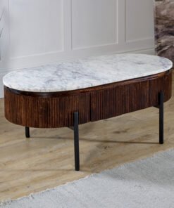 Opal mango wood coffee table with an oval white marble top and a textured dark brown fluted base, supported by slender black metal legs