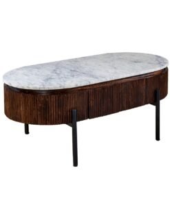 Opal Mango Wood coffee table with a white marble top and a dark brown fluted mango wood base, supported by slim black metal legs, contemporary and chic.