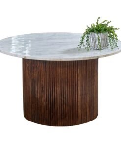Opal Mango Wood Coffee Table With Marble Top: round white marble top on a textured dark brown mango wood pedestal base, with a small potted plant on top