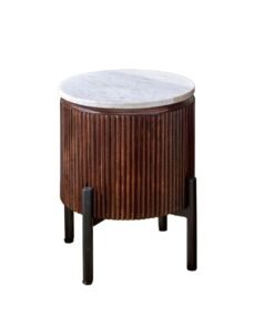 Opal Mango Wood Side Table with white marble top and black legs, round marble surface atop a brown, fluted mango wood base with sturdy dark legs