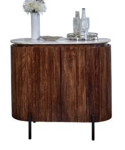 Opal solid wood sideboard with a real white marble top and metal legs, dark brown ribbed wood panels and a stylish bar setup featuring a vase of white flowers and glassware
