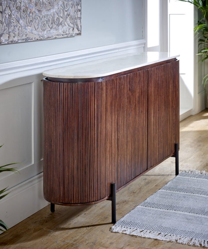Red Frog Trading Opal Mango Wood Sideboard with marble top and black metal legs in a dark brown curved mango wood cabinet, Wickham interior