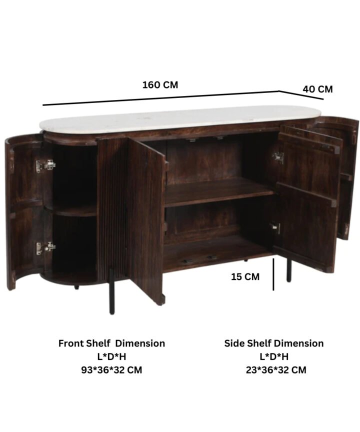 Opal Mango Wood sideboard with a white marble top and metal legs in a dark wood finish, featuring curved doors and ample storage