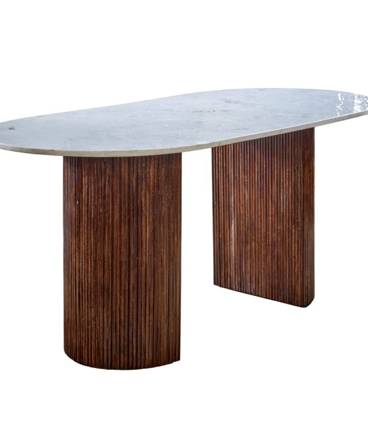 Opal Mango Wood Dining Table 170Cm with a white marble top and two dark brown mango wood pedestal bases, showcasing handmade craftsmanship.