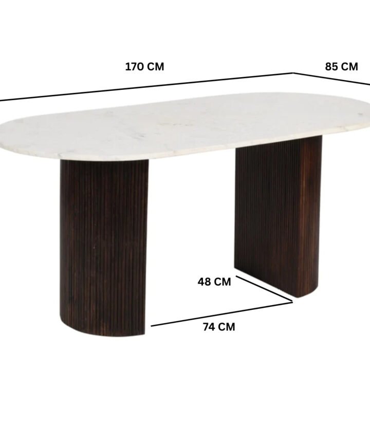 Opal Mango Wood Dining Table with a white marble top, 170 cm length, supported by two dark ribbed mango wood pedestals, showcasing an elegant oval silhouette and natural material contrast.