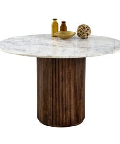 Opal Mango Wood Dining Table Round With Marble Top featuring a white marble top and a ribbed dark brown mango wood pedestal base, crafted with eco-friendly materials.