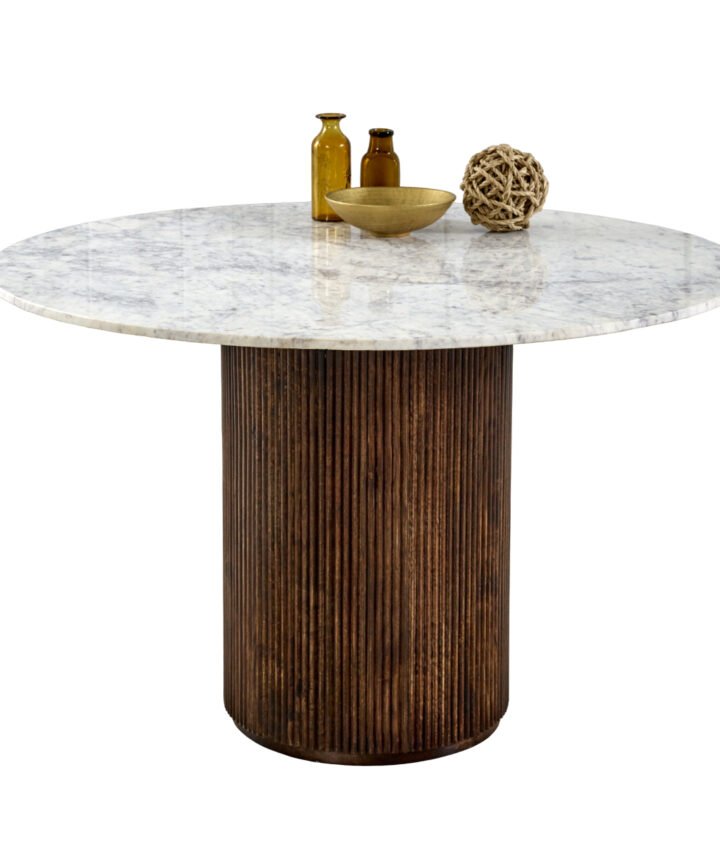 Opal Mango Wood Dining Table Round With Marble Top featuring a white marble top and a ribbed dark brown mango wood pedestal base, crafted with eco-friendly materials.