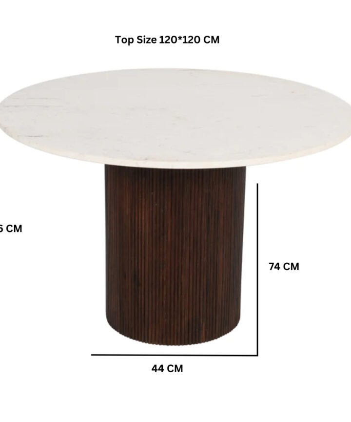 Opal round mango wood dining table with a white marble top and dark wooden pedestal, handcrafted in India with eco-friendly materials and natural marble finish.