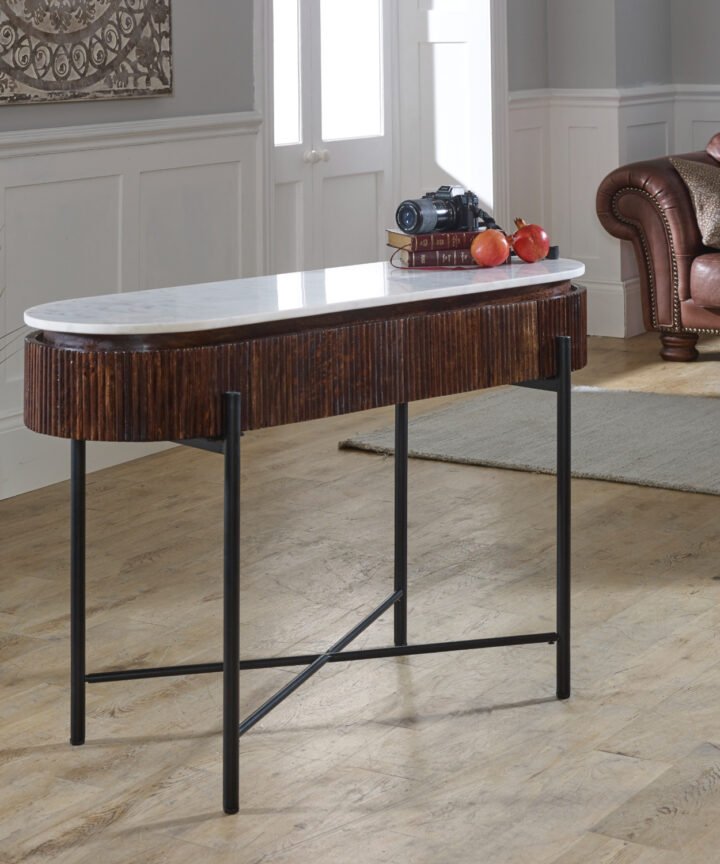 Opal Mango Wood Console Table with White Marble Top and Black Metal Legs, showcasing a curved wooden base and refined detailing in a modern living space.