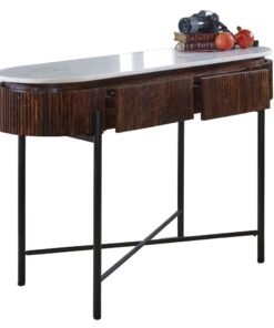 Opal Mango Wood Console Table With Marble Top And Metal Legs featuring a white marble top, dark mango wood body, and slim black metal legs.
