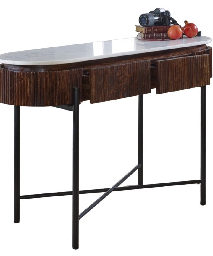 Opal Mango Wood Console Table With Marble Top And Metal Legs featuring a white marble top, dark mango wood body, and slim black metal legs.