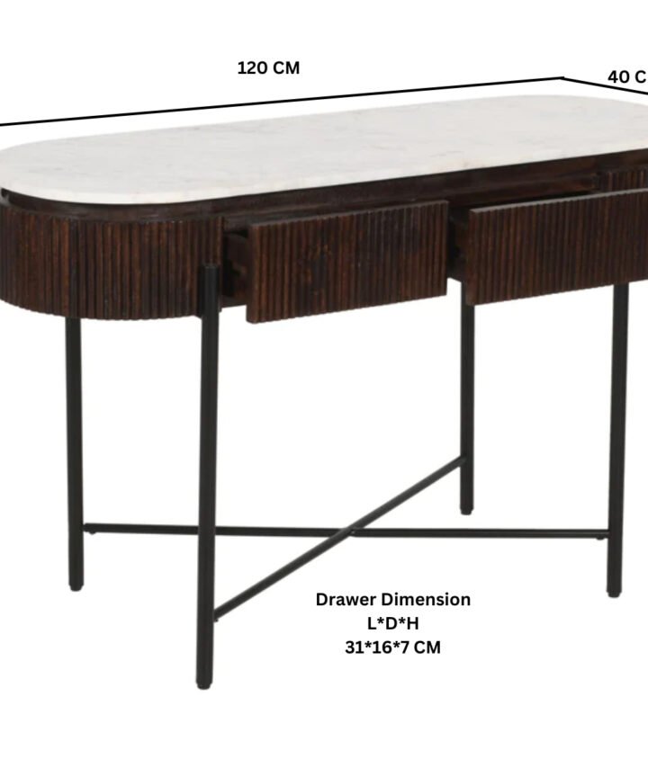 Opal Mango Wood Console Table with a white marble top and black metal legs, featuring dark ribbed mango wood drawers and a slim steel frame.