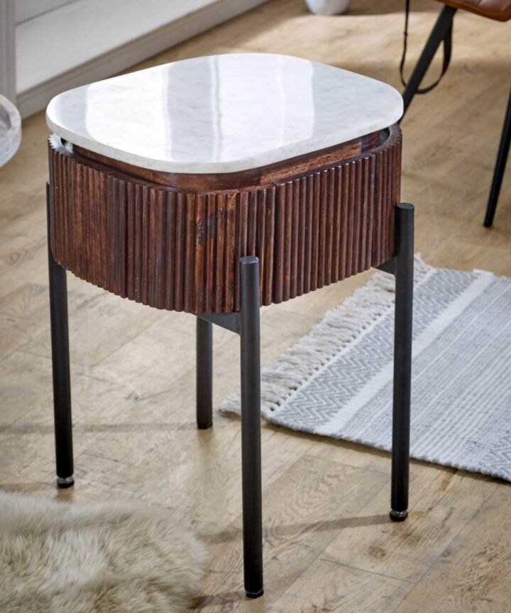 Opal Mango Wood Bedside Table with Marble Top and Metal Legs featuring a white marble top and dark brown slatted wood body with black metal legs.