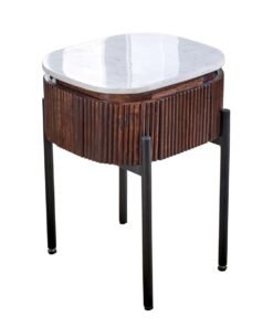 Opal Mango Wood Bedside Table with Marble Top and Metal Legs: white marble top on a dark ribbed mango wood body with slender black metal legs, handcrafted details