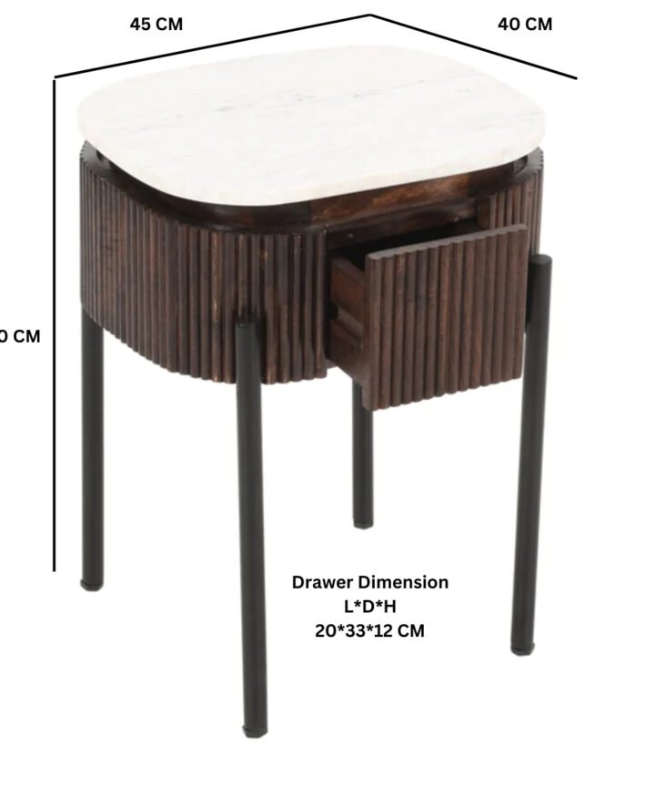 Opal Mango Wood Bedside Table with marble top, dark brown ribbed drawer fronts, and slim metal legs, showcasing a compact, stylish bedside storage unit.