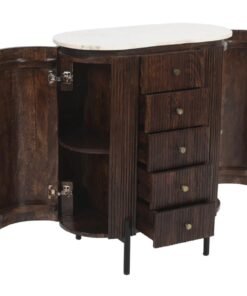 Red Frog Trading Opal mango wood wide chest of drawers with a marble top and dark wood texture, featuring multiple small drawers on the right and curved cabinet sides