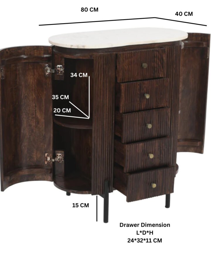 Opal Mango Wood wide chest of drawers with a white marble top, dark mango wood grain, and metal legs, featuring curved cabinets and multiple drawers for storage.