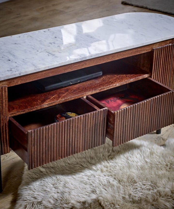 Opal Mango Wood TV cabinet with a white marble top and ribbed brown mango wood drawers, showcasing a textured finish and sleek mid-century style