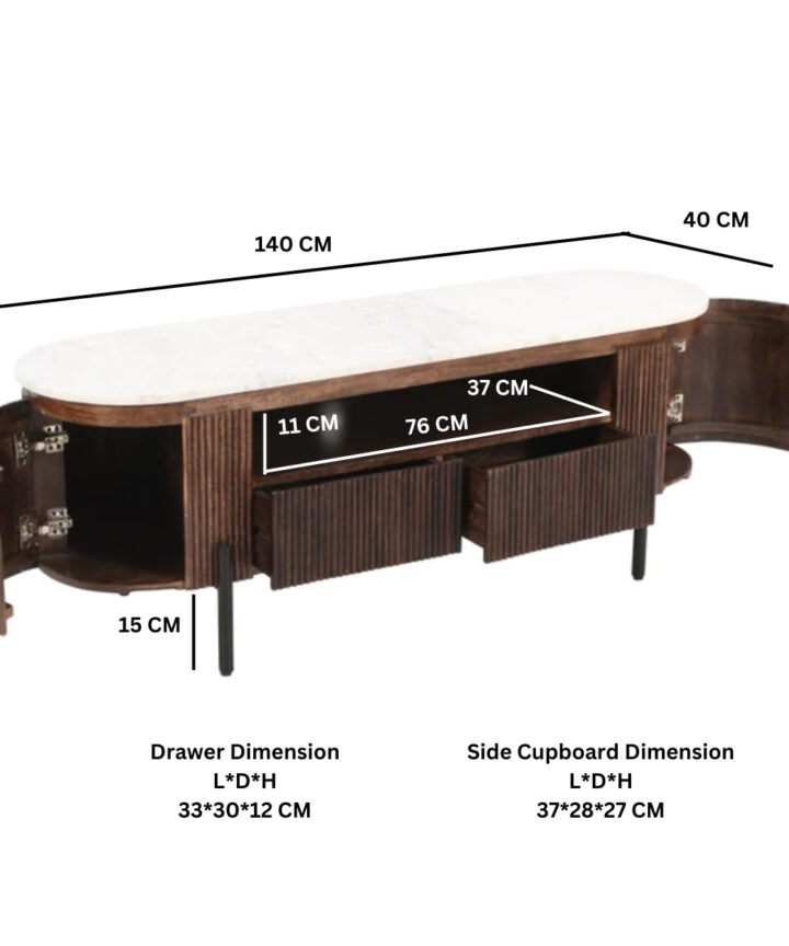 Opal mango wood TV cabinet with a white marble top and metal legs, featuring curved ends, open shelf, and multiple drawers for storage.