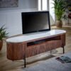 Opal Mango Wood Large TV Stand With Marble Top & Metal Legs featuring a white marble top and ribbed dark mango wood body beneath a Sharp TV.