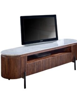 Opal Mango Wood Large TV Stand with Marble Top and metal legs, featuring a white marble top and ribbed mango wood base by Red Frog Trading (Wickham).