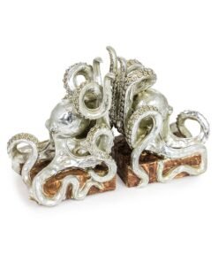Polished silver octopus pair of bookends with detailed suckers and sweeping tentacles, crafted as a dynamic two-piece set for books.