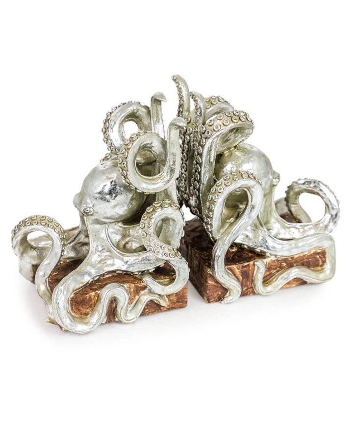Polished silver octopus pair of bookends with detailed suckers and sweeping tentacles, crafted as a dynamic two-piece set for books.