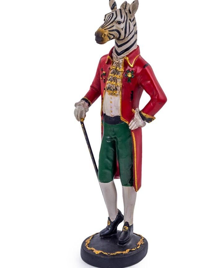 A Standing Gentry Zebra Figure with black-and-white zebra stripes, wearing a red tailored jacket and green trousers with gold trim.