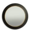 Large Savoy step-framed round wall mirror with a black stepped metal frame and radiant gold inner rim around clear reflective glass.
