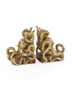 Gold octopus pair of bookends with a split design, sculpted tentacles and sucker details in shimmering antique gold on a compact base.