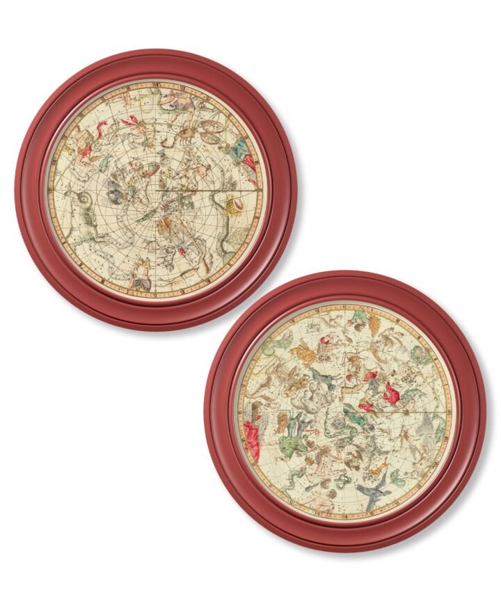 c.1820 Map of Constellations - Round Frame Red
