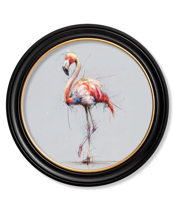 Pink Flamingo Cosy Sketch - Oxford Round Frame
