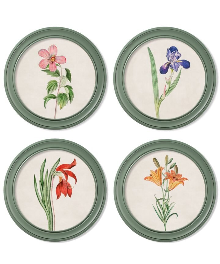c.1780 Flowering Plants Round Frame Green