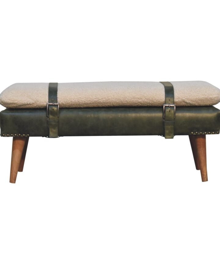 Bouclé Buffalo Hide Olive Green Leather Bench